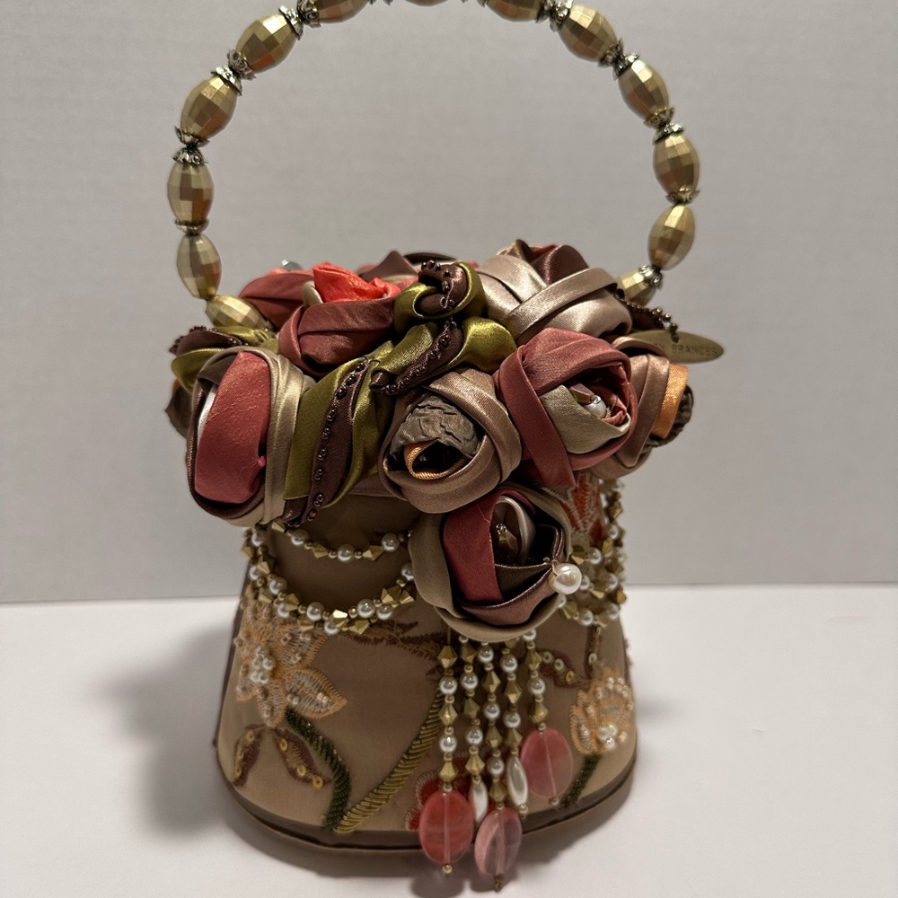 Mary Frances Brown & Tan Mini Rose Bag with Floral Embellishments with Dust Bag